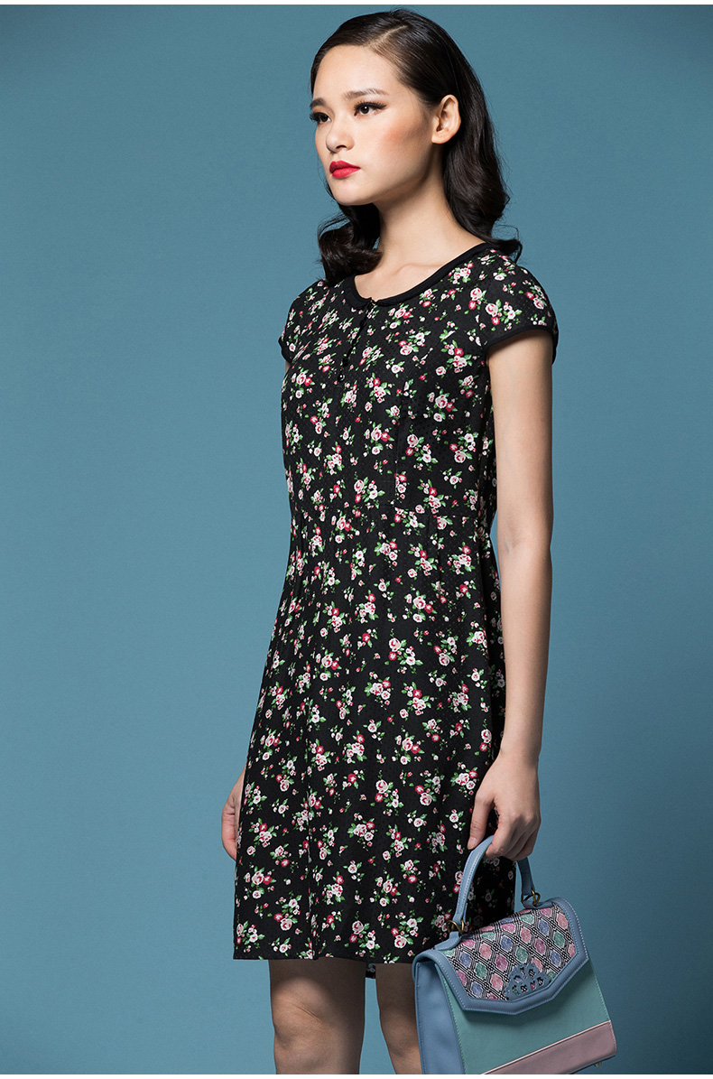 渔牌 春夜阑 夏季女装桑蚕丝古典碎花修身短袖连衣裙f15a0087 黑 s_ 4