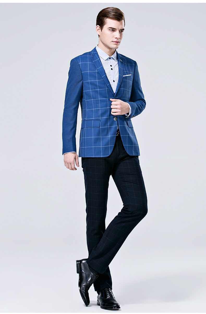 佛伦斯男装folunsi2017秋季新款羊毛商务休闲格纹蓝色西服外套 511304