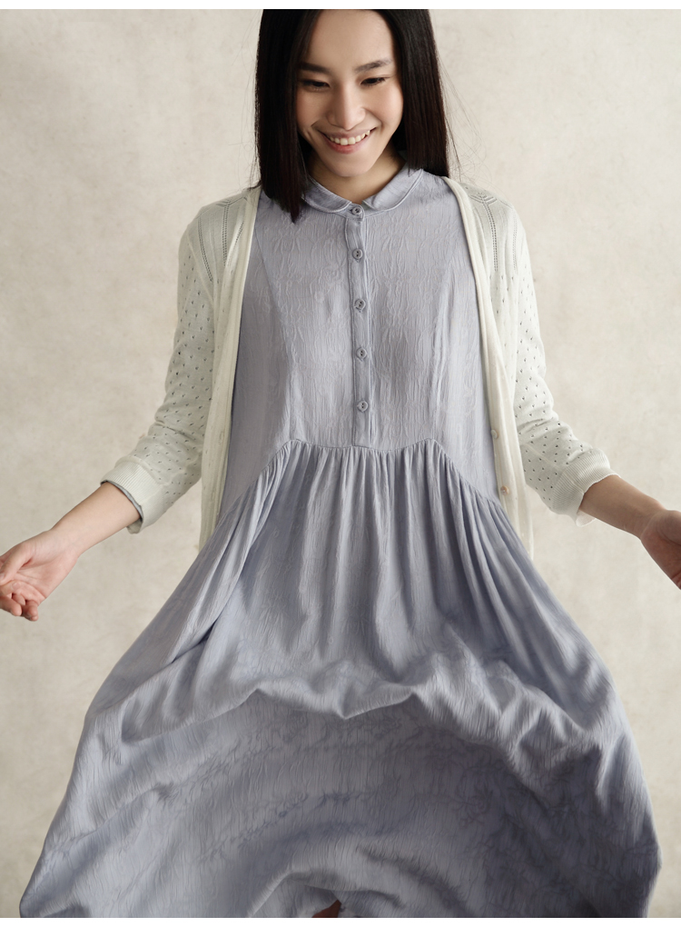 素缕2015春季新文艺宽松中长款五分袖翻领连衣裙女 sl519217竸 青蓝色