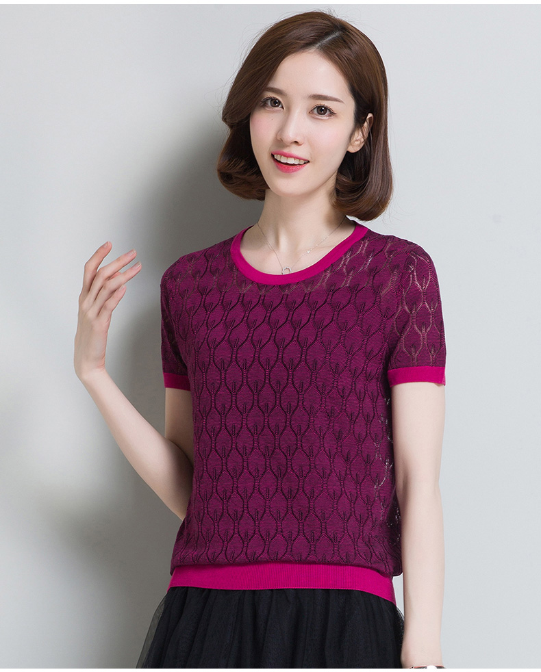 恒源祥桑蚕丝短袖t恤女 2018夏装女士圆领套头打底衫短袖镂空针织衫女