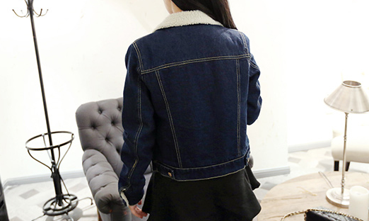 品姿韵2015秋冬新款加厚加绒羔羊毛棉衣牛仔外套 女韩版短款棉服棉袄外套女 深蓝色 M