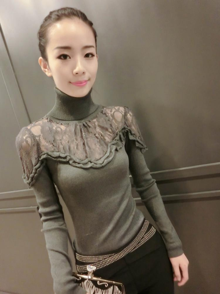 
                                        姚雅妮新款时尚韩版百搭蕾丝高领毛衣针织衫女装修身性感长袖拼接打底衫T恤 黑色 均码                