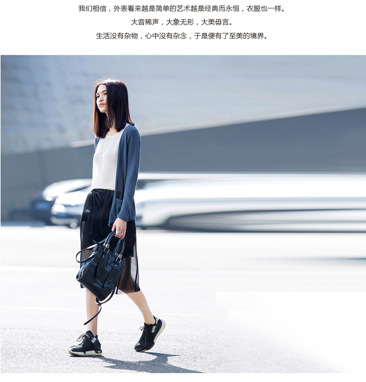 Amii【极简主义】2016春新棉麻镂空卷边无扣开衫大码针织衫女8色11540458 深灰蓝 M