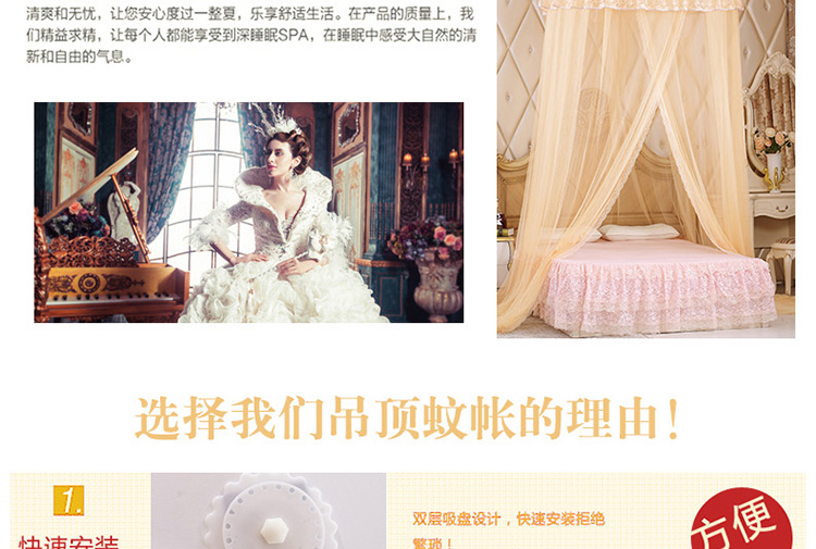 美梦千秋 宫廷圆顶吊顶蚊帐 吊挂式 不锈钢丝圈架 蕾丝帐纱加密 家园-米黄 2.0米床适用