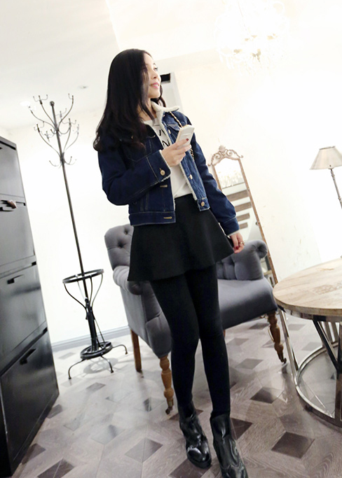 品姿韵2015秋冬新款加厚加绒羔羊毛棉衣牛仔外套 女韩版短款棉服棉袄外套女 深蓝色 M