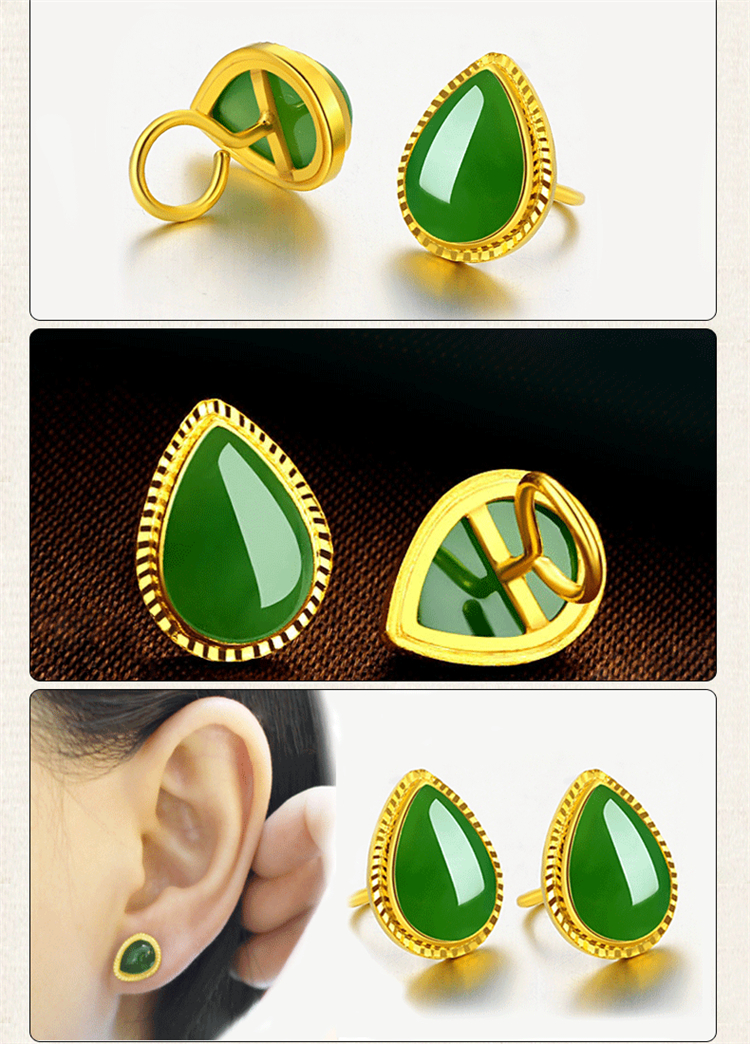 圣诞礼物金太妃珠宝足金镶玉耳钉碧玉耳钉黄金耳环耳坠女款送妈妈