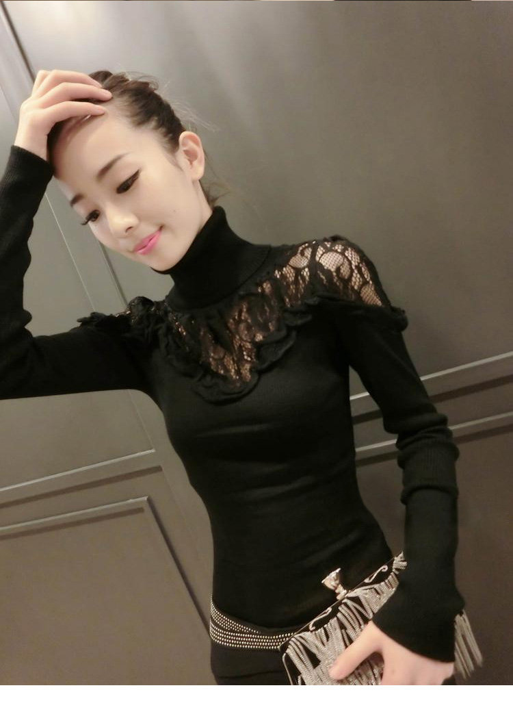 
                                        姚雅妮新款时尚韩版百搭蕾丝高领毛衣针织衫女装修身性感长袖拼接打底衫T恤 黑色 均码                