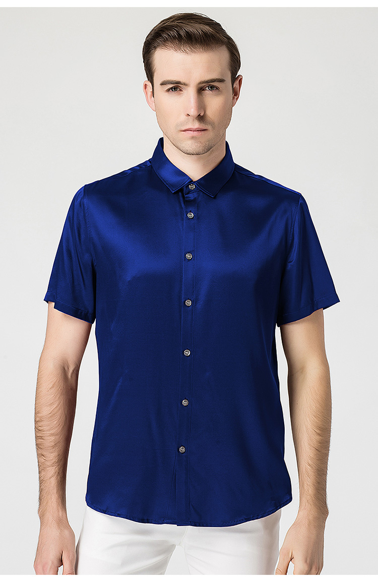 亨爵桑蚕丝短袖衬衫男士弹力缎丝绸衬衣纯色真丝中年商务大码男装薄款