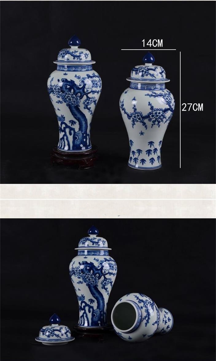 奋行陶瓷 景德镇花瓶陶瓷器花器摆件 仿古手绘青花瓷将军罐 1个