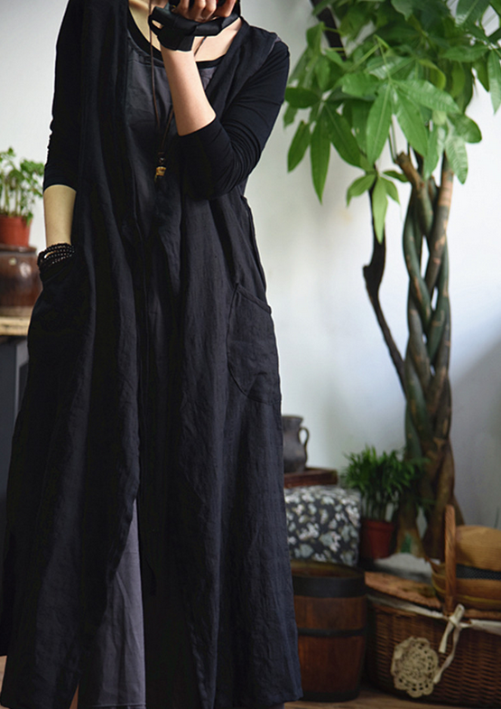 如素慢衣女装文艺复古v领民族风系带长款马甲w1772 黑色 均码