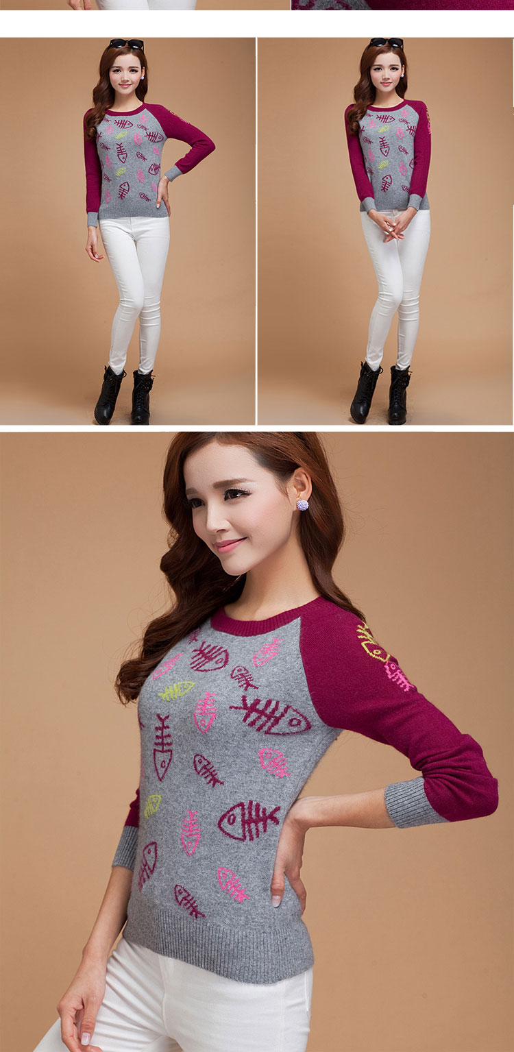 依莎曼 2015春季新款女装 时尚韩版鱼骨头图案圆领纯羊绒针织衫女毛衣