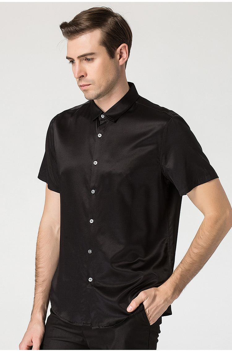 亨爵桑蚕丝短袖衬衫男士弹力缎丝绸衬衣 纯色真丝中年商务大码男装薄