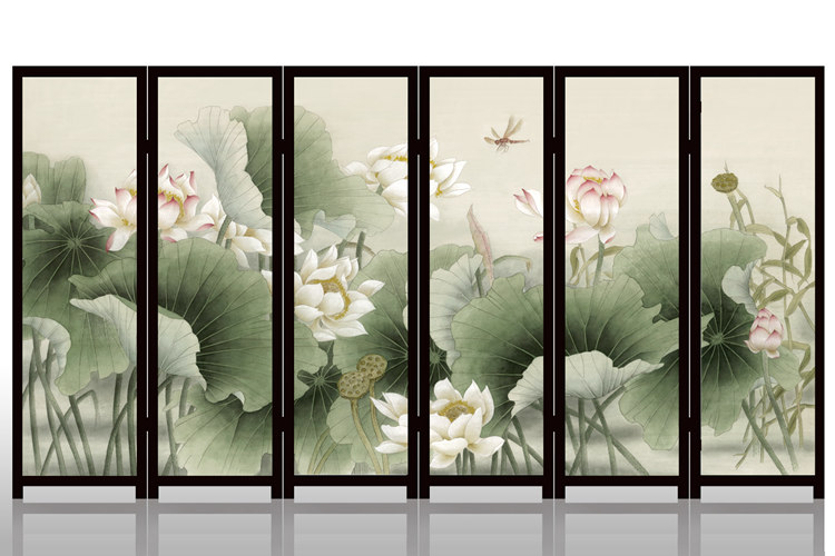 
                                        定制胡桃木六扇折叠屏风乔其纱半透屏风改善风水中式客厅玄关隔断 荷兮芬芳 六扇折叠                