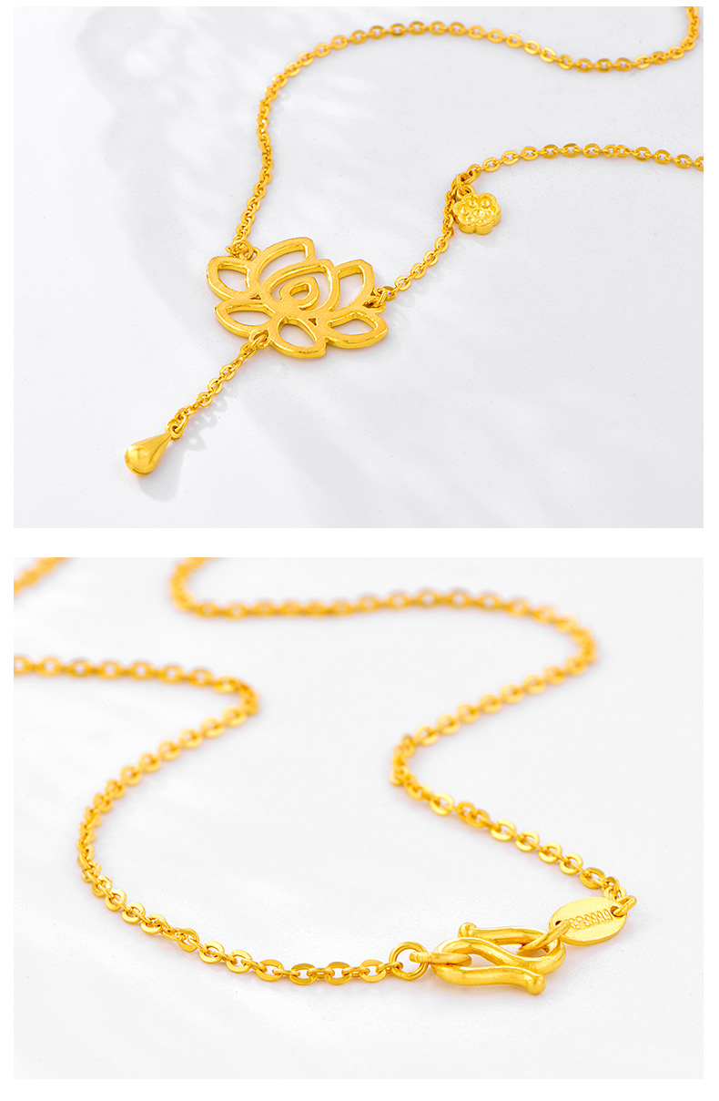 赛菲尔 无焊料黄金项链女莲花花朵爱莲足金999.