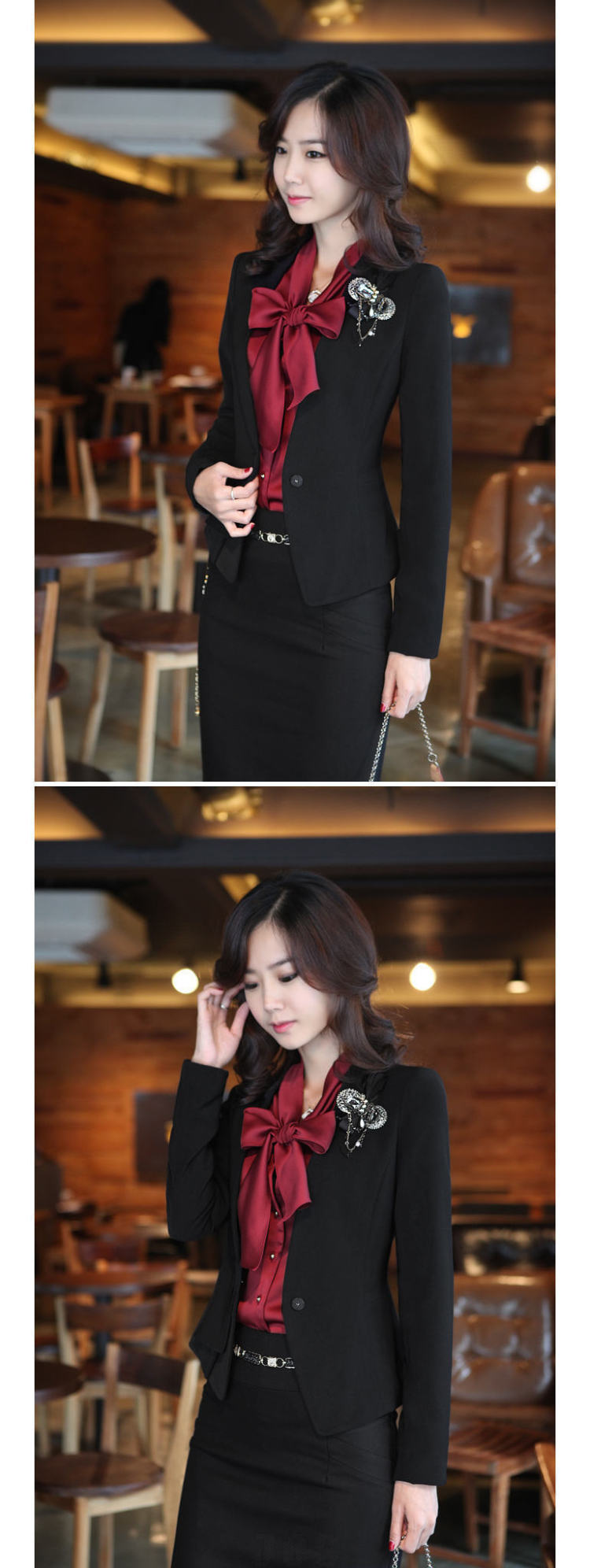 晞彤 2015韩版小西装休闲外套女装中长款修身西服D935  粉色西装(送胸针)+西裙 M