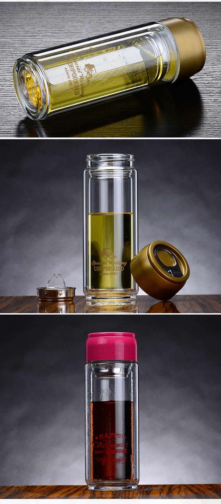 金口双层玻璃杯5415 带盖便携玻璃水杯男女士创意可爱双层过滤茶杯子