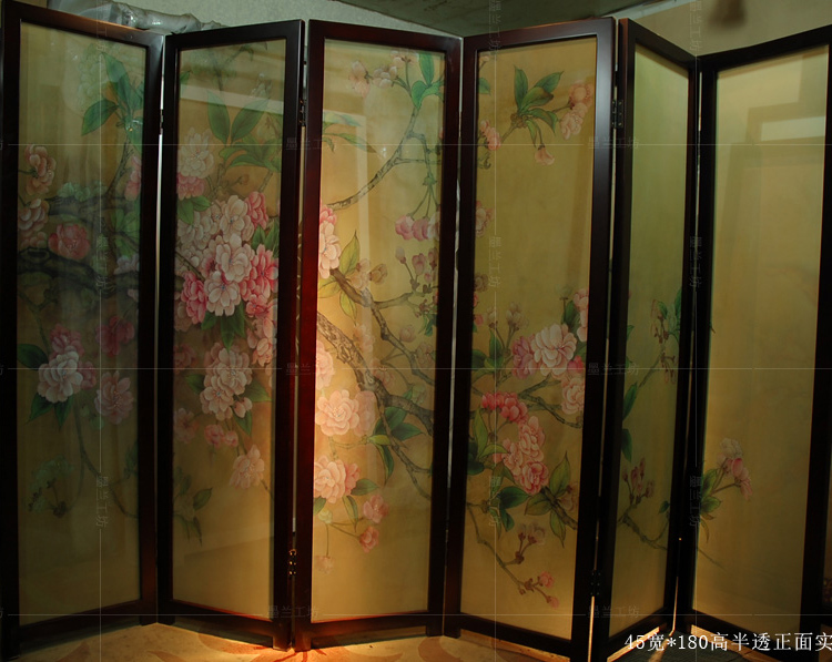 
                                        定制胡桃木六扇折叠屏风乔其纱半透屏风改善风水中式客厅玄关隔断 荷兮芬芳 六扇折叠                