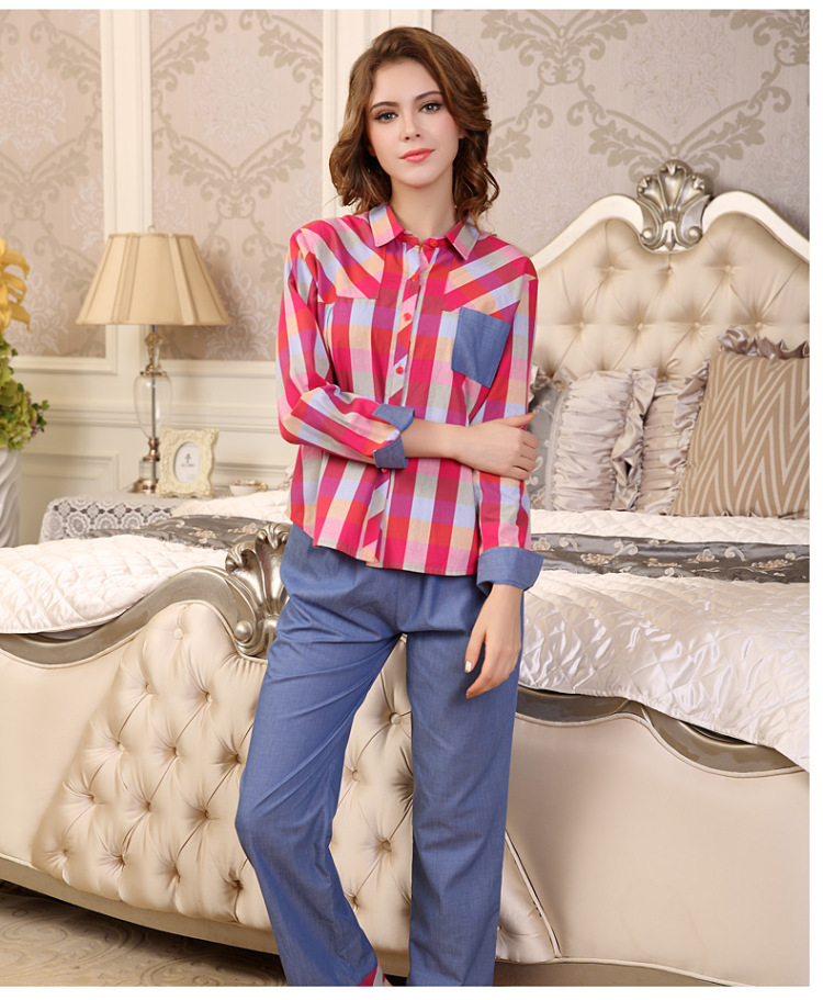 秋鹿家居服2015年新款女士七分袖短袖长裤睡衣梭织色织条纹纯棉套装