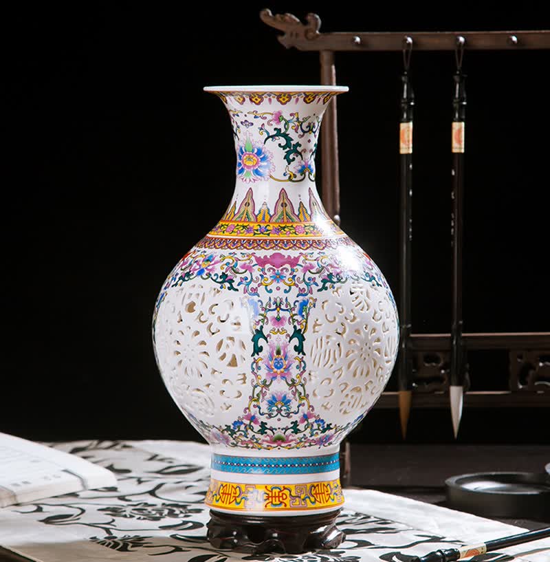 景德镇陶瓷器花瓶摆件镂空瓷现代古典客厅酒柜工艺品家居装饰品 青花