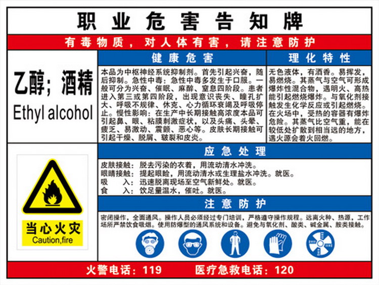 乙醇酒精易燃易爆职业危害告知牌卡标志标识告知卡职业病危害警示乙醇