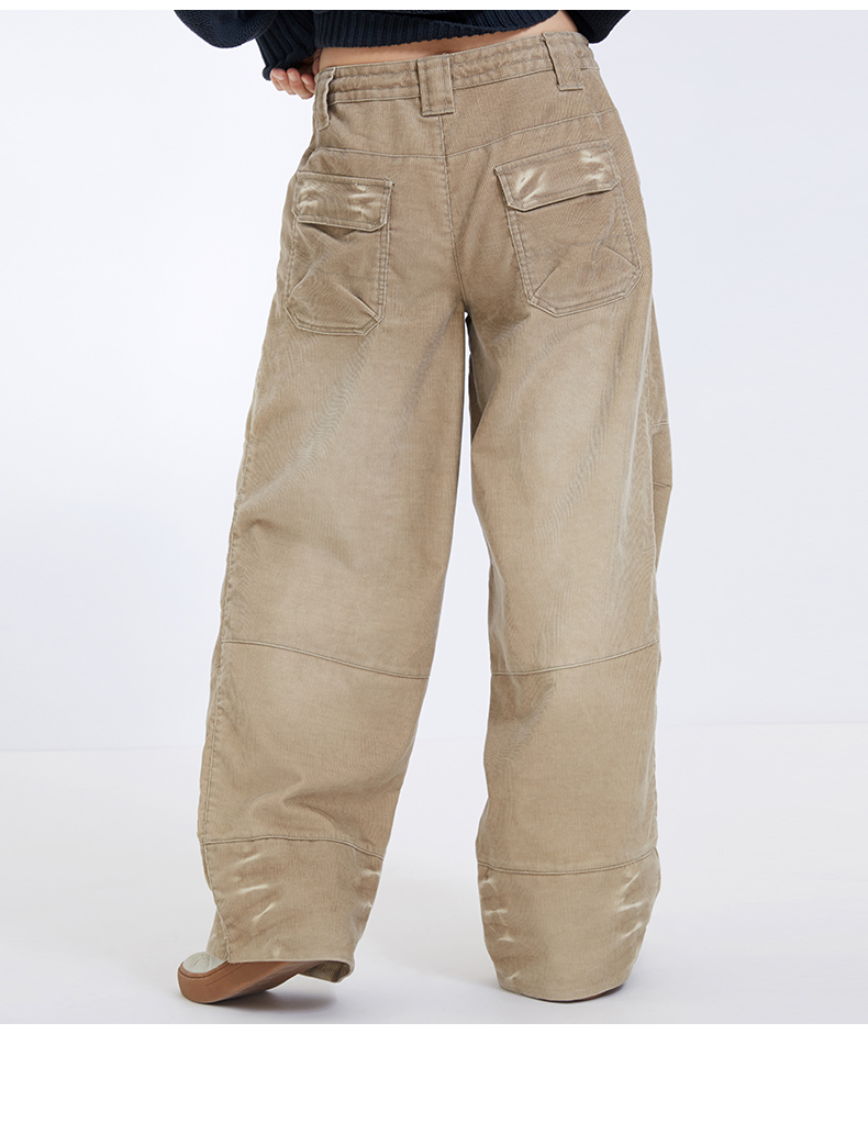 斯琴春秋熟女磨白条绒丐裤拼接休闲直筒柔软长裤 9qk001 驼色 s