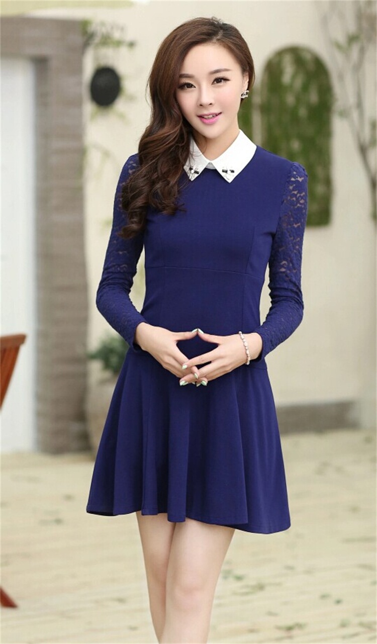 瑾莱2014秋装新款韩版修身淑女蕾丝长袖连衣裙女hd8316# 花灰色 xl