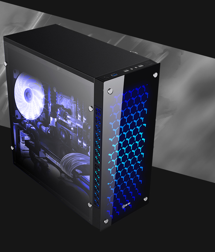 御轩 台式机电脑机箱 夜魅atx游戏主机箱全透背线机箱 白色 四个蓝光