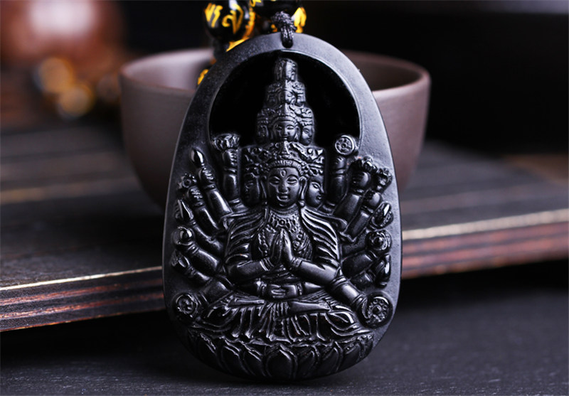 意族 黑曜石千手观音菩萨吊坠生肖属鼠本命佛守护神男女款吊坠 黑曜石