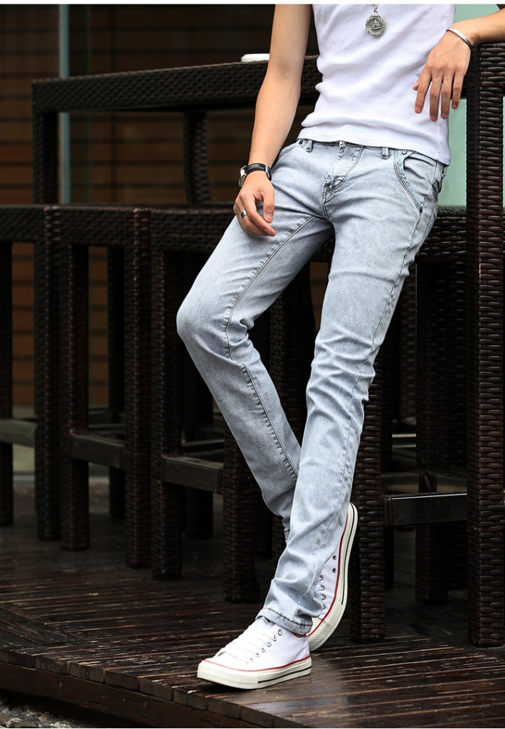 秋冬季韩潮风韩版百搭修身时尚男士纯色水洗磨毛修身小脚铅笔裤牛仔男