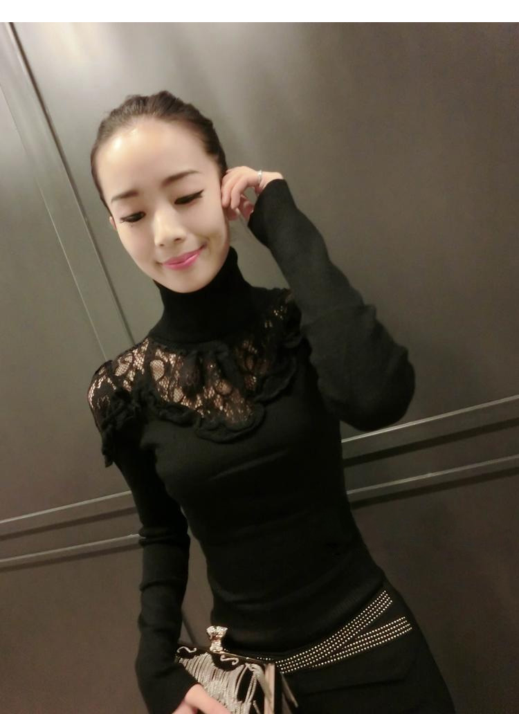 
                                        姚雅妮新款时尚韩版百搭蕾丝高领毛衣针织衫女装修身性感长袖拼接打底衫T恤 黑色 均码                