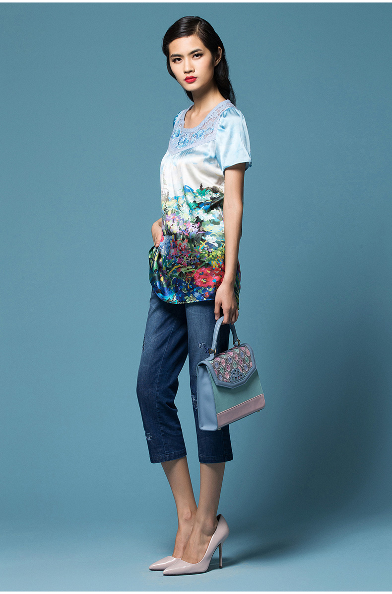 渔牌 晴江春望 2017夏装新品桑蚕丝印花中长款短袖t恤女f15b2201 浅蓝