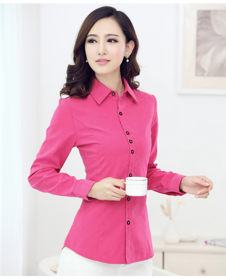 奈慧加厚加绒衬衫女简约休闲妈妈装修身红色蓝色翻领纯色长袖大码淑女衬衣2015冬装新款 玫红色(加绒保暖) L