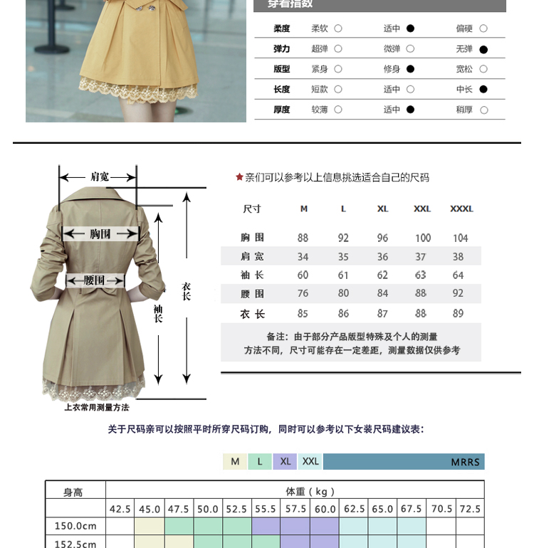 俏香儿 2016春秋装新款韩版时尚气质双排扣风衣外套女春秋修身女式风衣淑女风衣外套女 黑色 XL