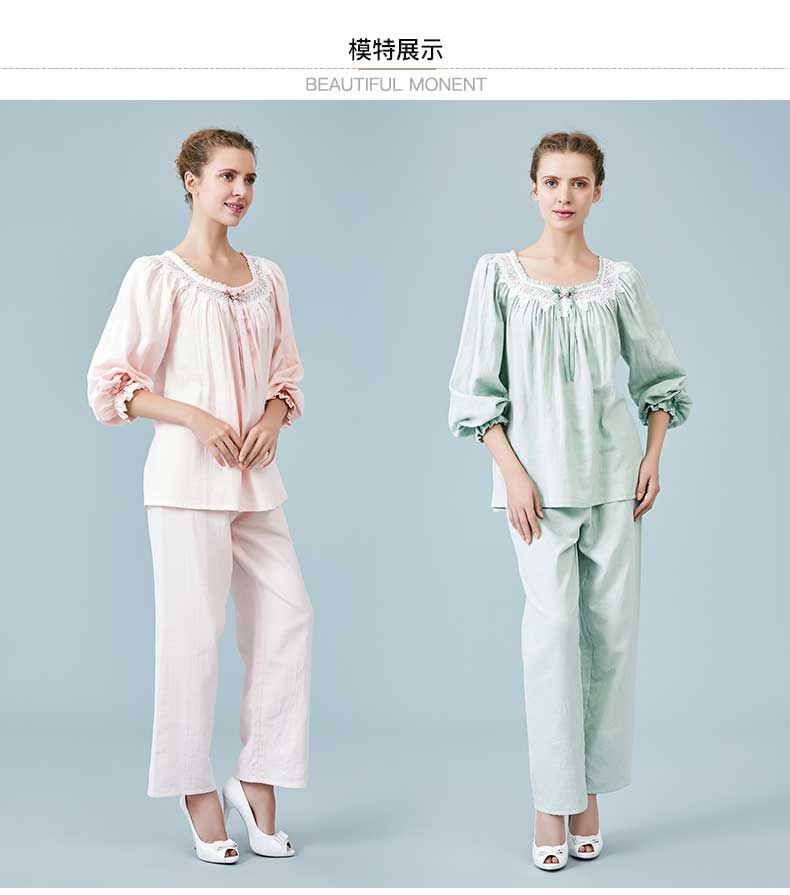 【商场同款】ca brida 嘉德丽亚春夏睡衣套装女 方领蕾丝拼接棉布长袖