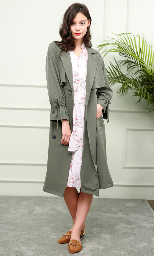 三彩2017秋装新品 系带喇叭袖双排扣收腰长风衣外套女d738643f00 灰绿
