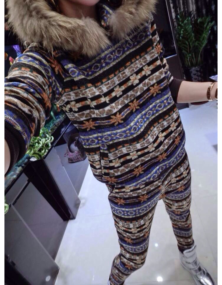 意丽娜 2016秋冬装新款狐狸毛毛领时尚女装毛线抓毛加厚保暖彩色横条休闲套装无货8233 蓝色 均码