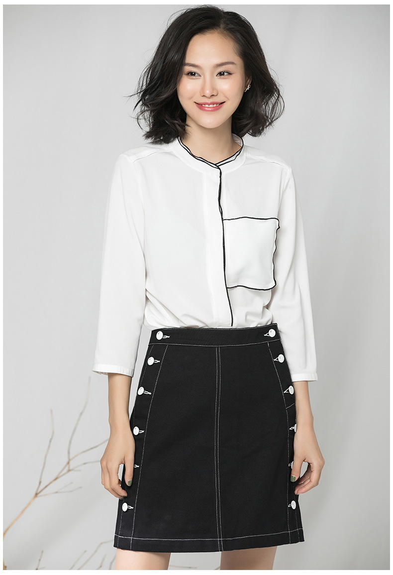 易菲气质通勤简约修身显瘦九分袖无领黑边白色雪纺衬衫上衣女 白色