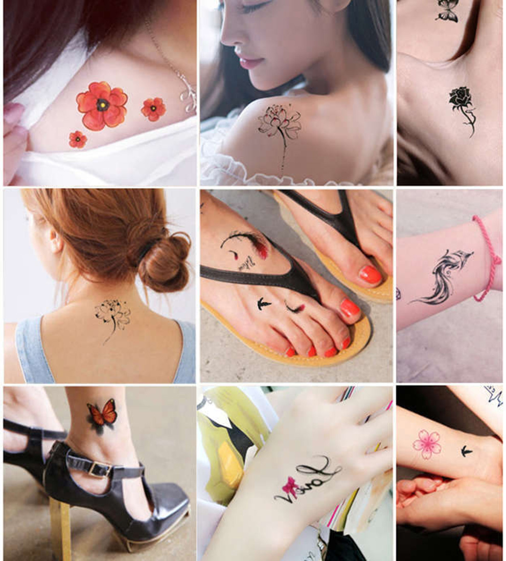 400图纹身贴纹墨轩小清新花朵狐狸蝴蝶莲花玫瑰羽毛美女性感贴纸防水