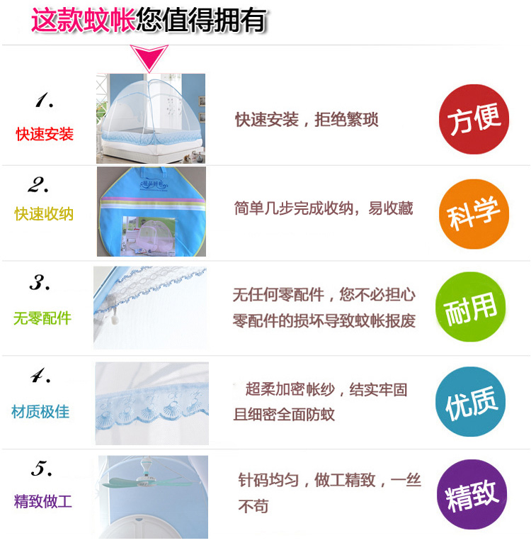 
                                        精意家纺 1.2 1.5 1.8蒙古包免安装自弹钢丝支架特加密蚊帐 粉红色 1.2m床                