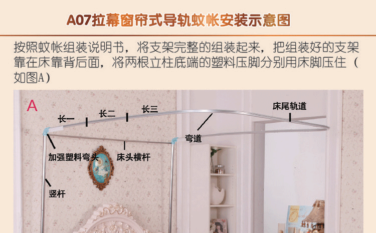 
                                        勿忘好洁导轨蚊帐1.5米/1.8m床不打墙三开门宫廷不锈钢伸缩式 落地 白色床尾单开门 180*200cm                