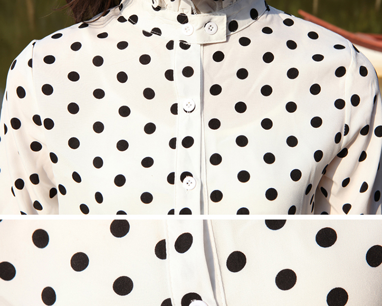 春装新款韩版甜美雪纺衬衫 小波点立领长袖打底套头衬衣女潮 白色波点