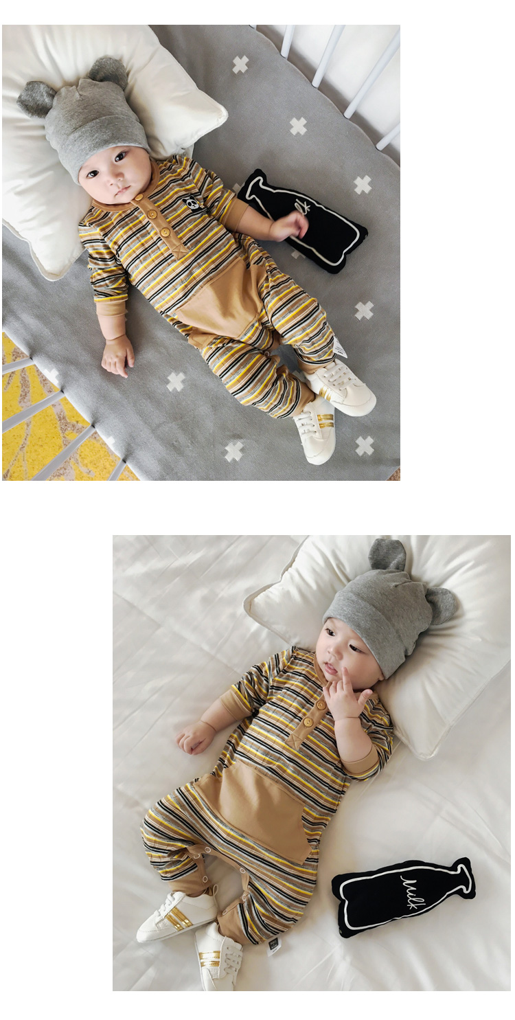 婴儿秋季新款男女宝宝0-3岁2新生儿爬服条纹幼儿大口袋连体衣 红色 73