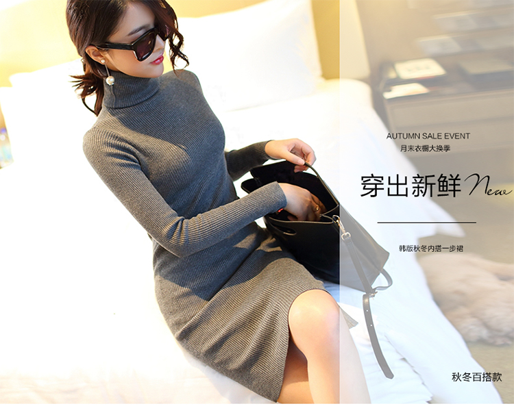 
                                        淇萌魅2016秋冬新款女式打底针织衫包臀高领毛衣女连衣裙8560 浅灰色 均码                