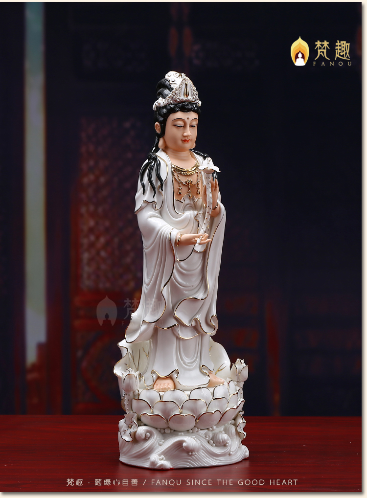 qu)西方三圣陶瓷摆件白瓷描金阿弥陀佛观音站像观世音大势至菩萨 16寸