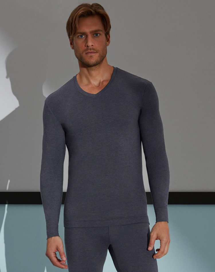 爱慕先生男士内衣warm v领长袖上衣秋冬保单层暖内衣素色简约舒适含