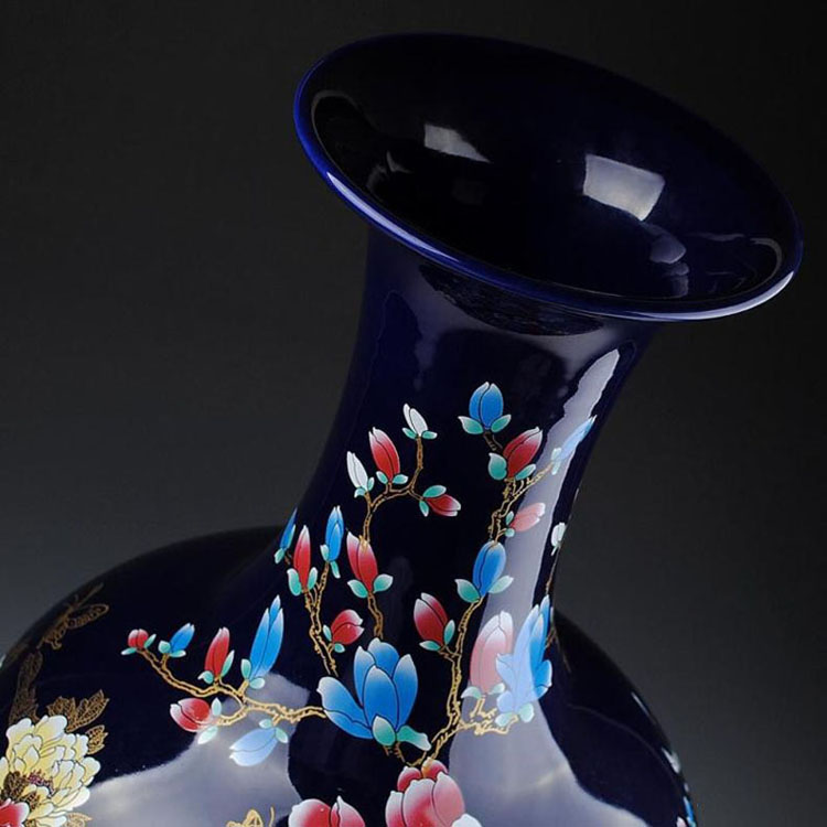 泰浦瓯景德镇陶瓷器宝蓝色落地大花瓶摆设现代家居客厅工艺品摆件带