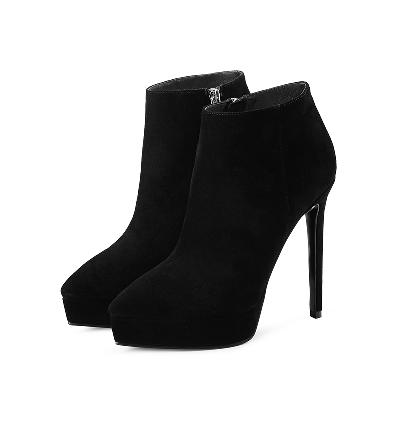 jooc/玖诗秋冬新款欧美尖头羊猄皮防水台恨天高细跟女短靴子1653 黑色