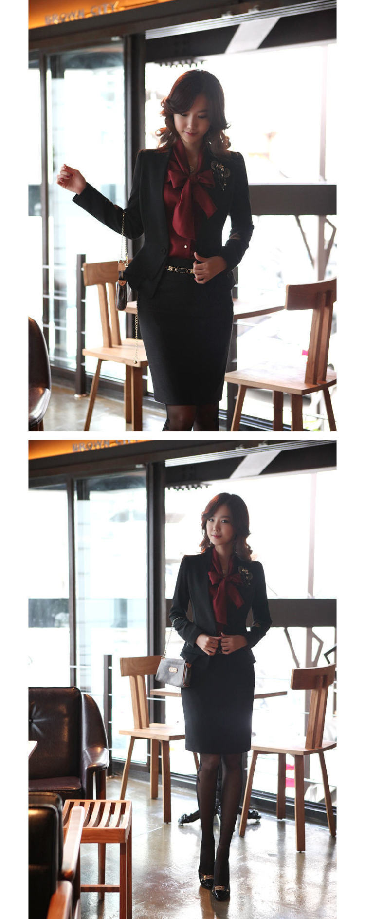 晞彤 2015韩版小西装休闲外套女装中长款修身西服D935  粉色西装(送胸针)+西裙 M