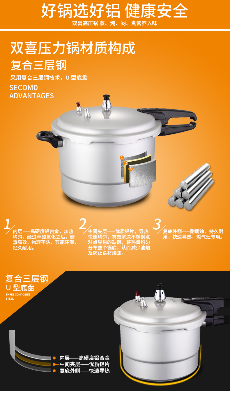 双喜 高压锅燃气煤气明火专用18cm-26cm家用铝合金红双喜压力锅带蒸格