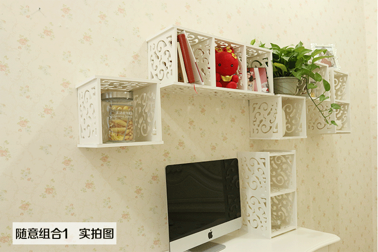 
                                        沐坤 雕花墙上置物架壁挂隔板电视背景墙装饰架搁板壁架柜创意格子书架 C款 三格                